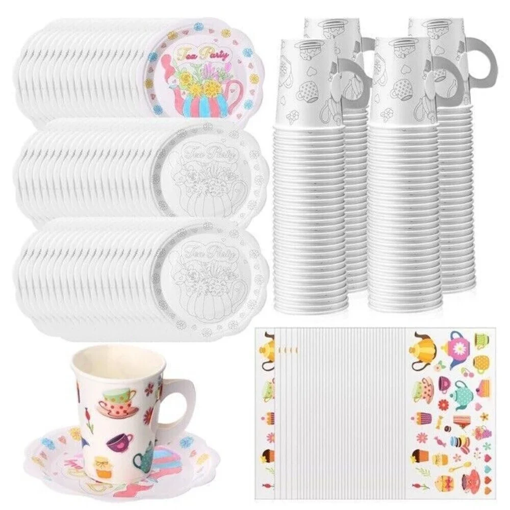 50 set Color Your Own Tea Party Cups Disposable Floral Tea Cups & plates party